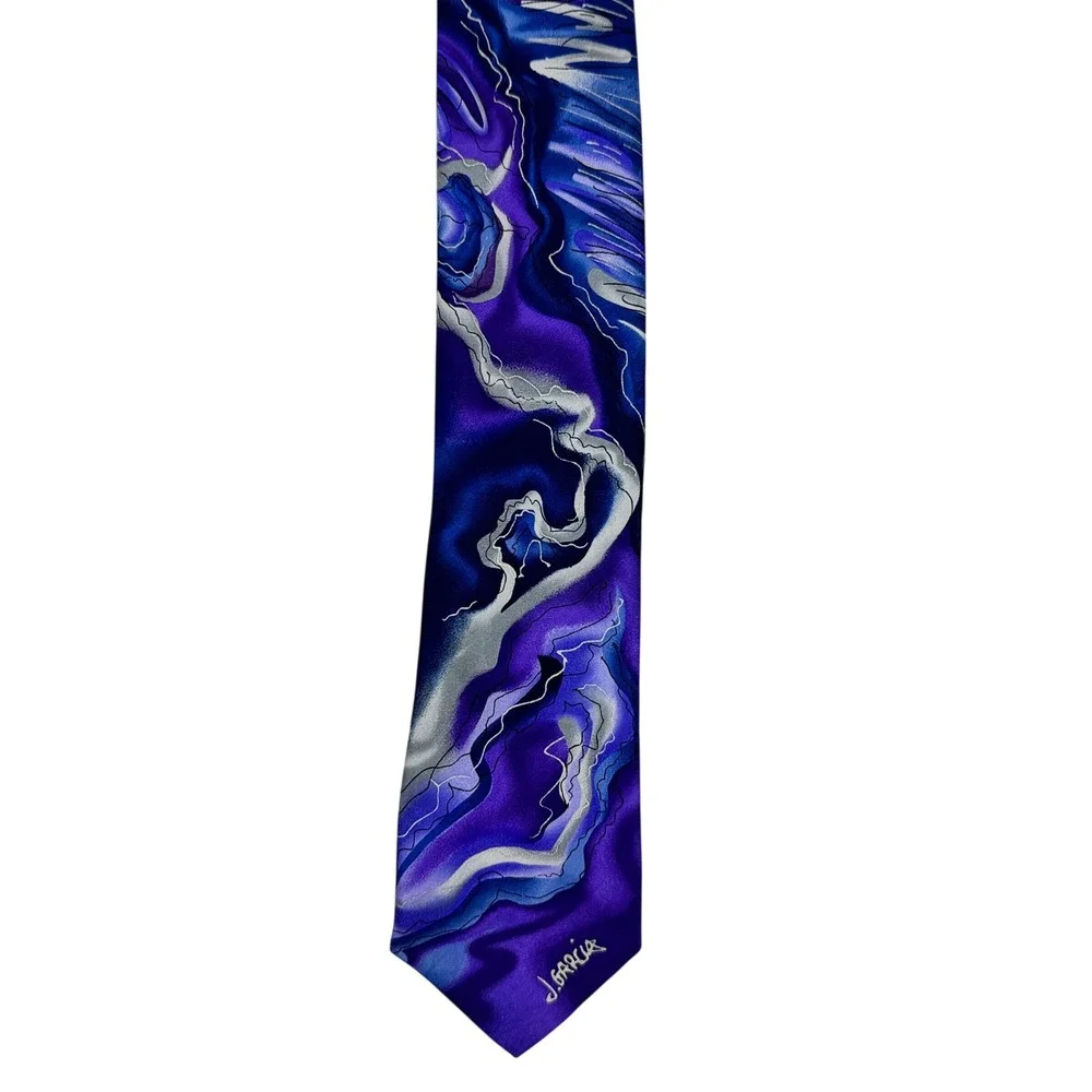 J Garcia Wetlands II Mens Silk Necktie Purple Blue Silver Abstract Art Swirl Tie